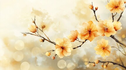 Watercolor painting of blossoming peach branches against a dreamy background