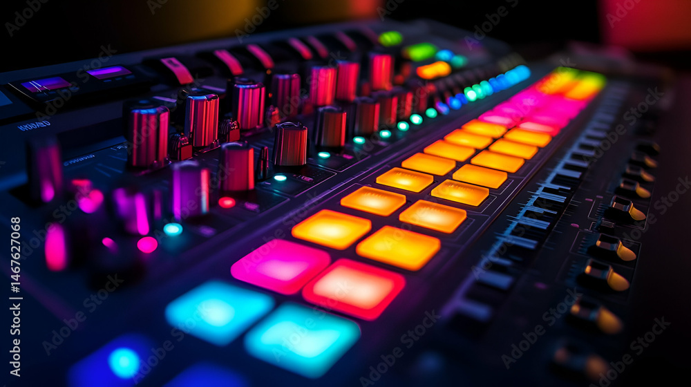 Poster close up of colorful illuminated music production synth keyboard