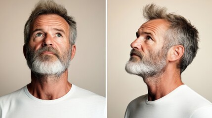 Fototapeta premium Two men with beards are standing in front of a white wall, both looking up. The first man is wearing a white shirt and the second man is wearing a white shirt as well