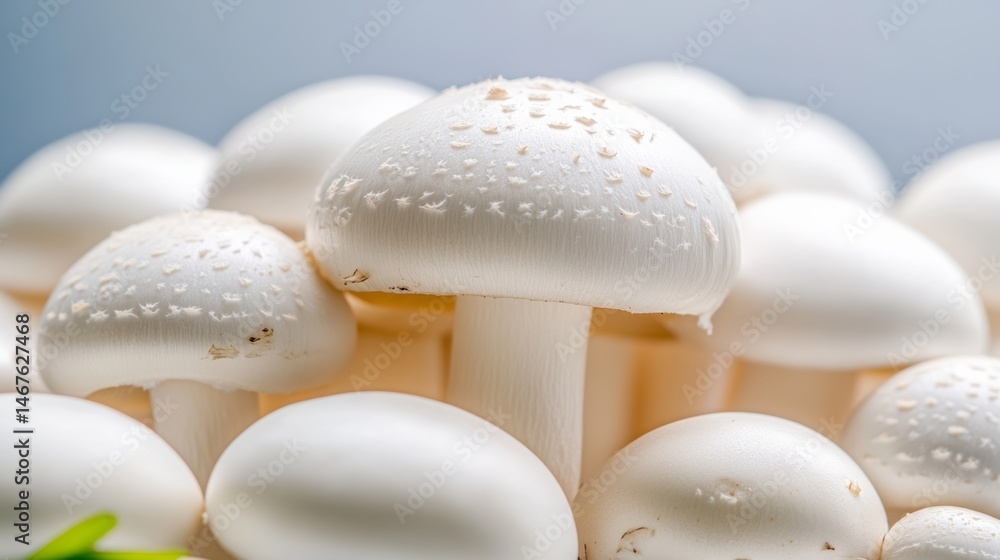 Poster bunch of white mushrooms are piled on top of each other. the mushrooms are all different sizes and a