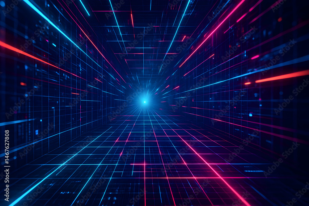 Poster futuristic digital space with colorful neon lines creating a sense of speed and motion. ideal for th