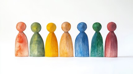 Colorful Wooden Figurines in a Row - Eight colorful wooden figurines stand in a row against a white background. They represent diversity and unity