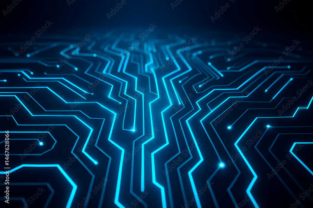 Poster high-tech abstract circuit board design with vibrant blue lines against a dark background, represent