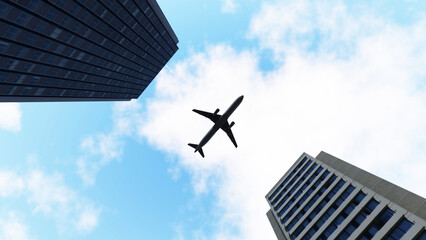 An airplane flew over the city between the buildings. Airplane flying over buildings in city, low...