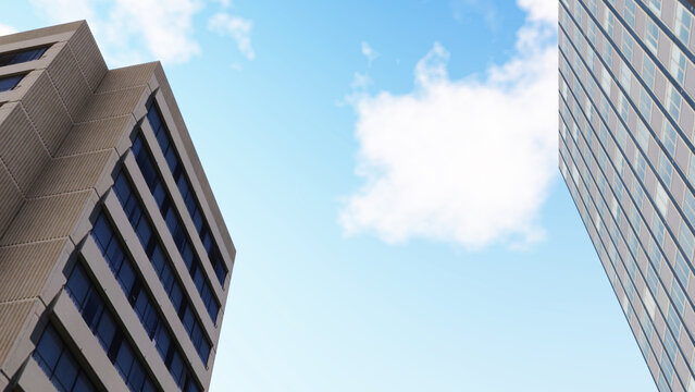 A low-angle view of modern skyscrapers with a clear blue sky. Skyscraper in city. City downtown with skyscraper. Office building business district. Skyscraper building architecture. Business skyscrape