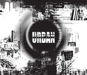 Abstract vector banner on the theme of urbanism, street art, digital technology and photo studios against the background of the architecture of a city, pixels. T-shirt design, poster. No AI used