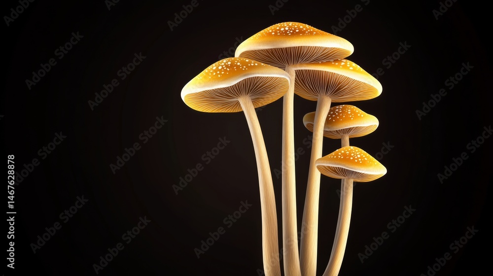 Poster group of mushrooms are shown in a black background. the mushrooms are all different sizes and are ar