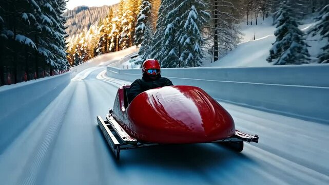 Thrilling bobsled race down an icy track, surrounded by snow-covered pine trees under golden sunlight. Winter sports, action, and adventure video.