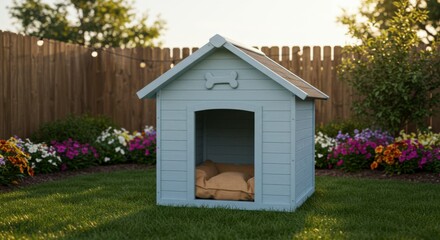 Light-blue dog house in a garden