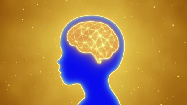 Kid with glowing neon brain background, children study idea concept, smart education deep learning in young psychology, IQ Intelligence and creativity in child development, Critical thinking animation