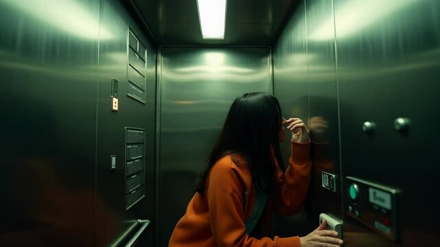 Woman trapped in elevator during electrical failure presses buttons in panic as emergency lights illuminate the interior
