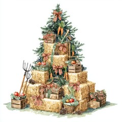 Charming rustic Christmas tree made of hay bales adorned with festive decorations