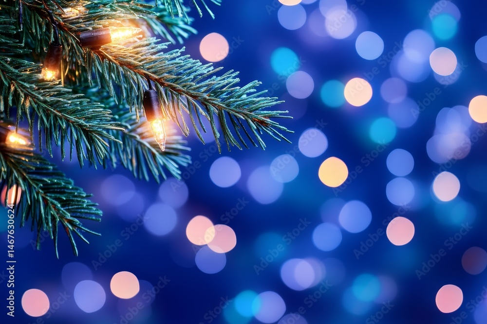 Aufkleber festive winter lights and branches - close up of a decorated evergreen branch with warm string light