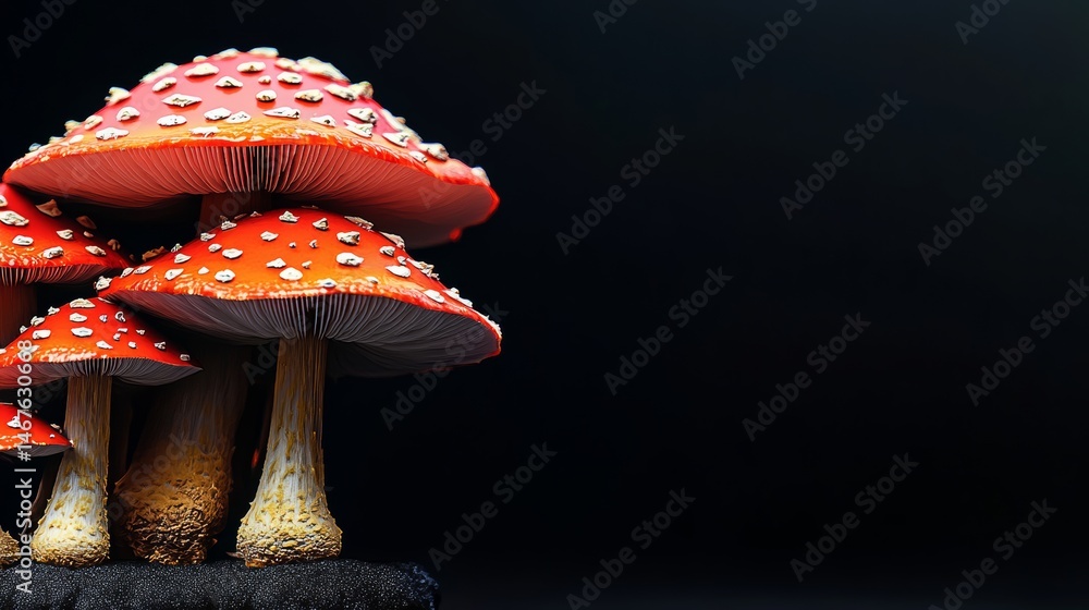Poster three red mushrooms with white spots on them are on a black background. the mushrooms are arranged i