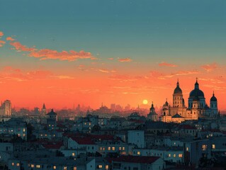 Kyiv skyline glows with vibrant hues as sunset paints the city in brilliant colors