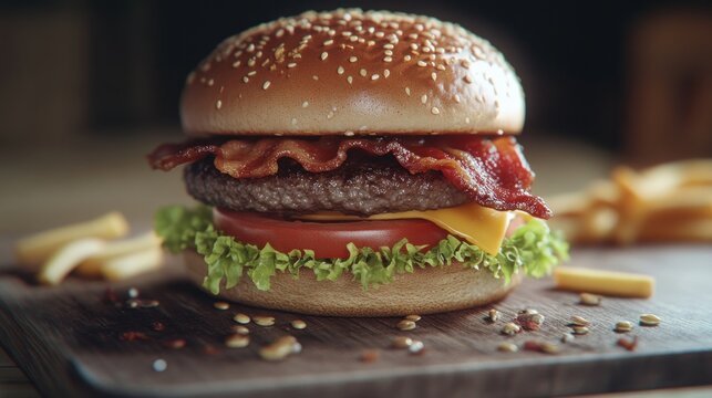 Juicy burger with bacon and cheese on a wooden board