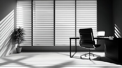 Modern office interior with window blinds and shadow play