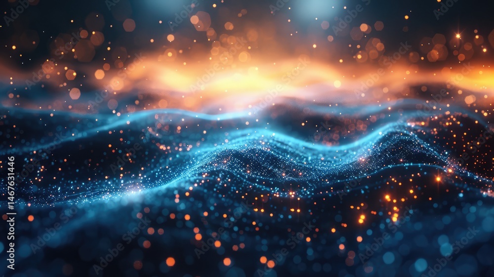 Poster dynamic light burst with blue and orange particles on a dark background. digital art for design and 