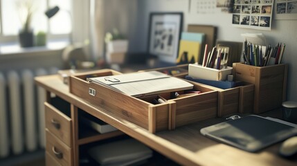 Home office desk, organized workspace, natural light