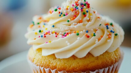 Whimsical Delight: A Close-Up of a Festive Cupcake with Sprinkles