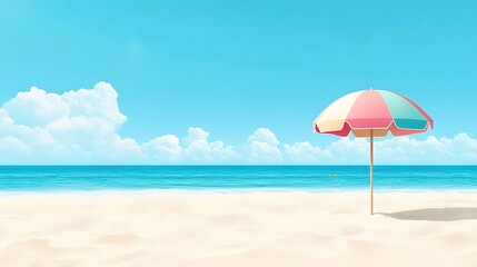 Serene Beach Scene Colorful Umbrella on Sandy Shore with Ocean View