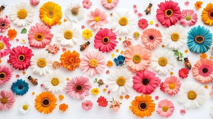Vibrant Spring Flowers with Honey Bees Floral Background Colorful Gerbera Daisies Nature Photography