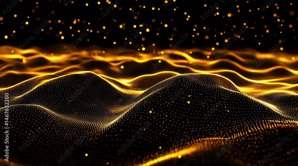 Poster golden particle wave abstract background - abstract background featuring glowing golden particles fo