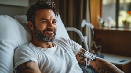 Recovery hope, adult man lying in hospital bed with infusion set smiling