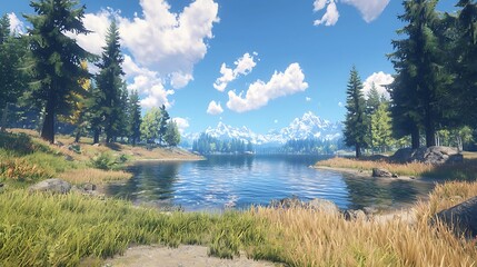 Serene Lakeside View Mountain Scenery Coniferous Trees Calm Water Sunny Day