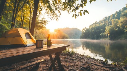 Serene Sunrise Camping Scene Tent River and Picnic Table at Dawn