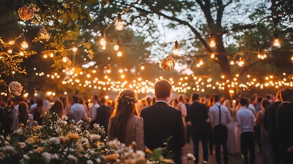 Romantic Couple at Outdoor Wedding Reception with String Lights and Guests