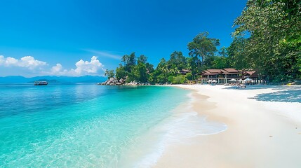 Idyllic Tropical Beach Scene White Sand Turquoise Water Luxury Resort