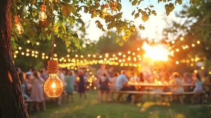 Warm Evening Garden Party with String Lights Festive Ambiance Blurred Background
