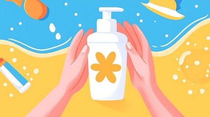 Summer Sun Care Hands Holding Sunscreen Bottle on Beach
