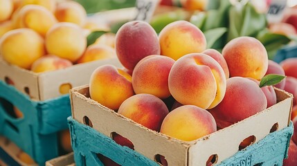 Fresh Juicy Peaches in Wooden Crate at Farmer s Market Summer Fruit Harvest