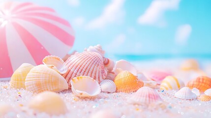 Seashells on Sandy Beach with Pink Striped Umbrella Summer Vacation Idyll