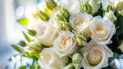Elegant bouquet of ivory roses with soft lighting, perfect for celebration