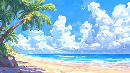 Idyllic Tropical Beach Scene Sunny Sky Palm Trees Ocean Waves Sandy Shore