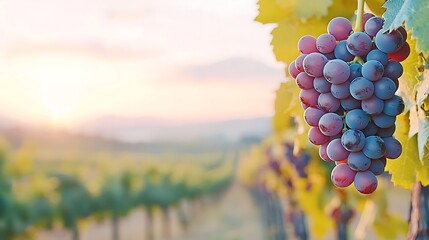 Ripe Red and Blue Grapes Hanging on Vine at Sunset Vineyard