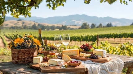 Romantic Vineyard Picnic Cheese Wine Grapes Sunflowers