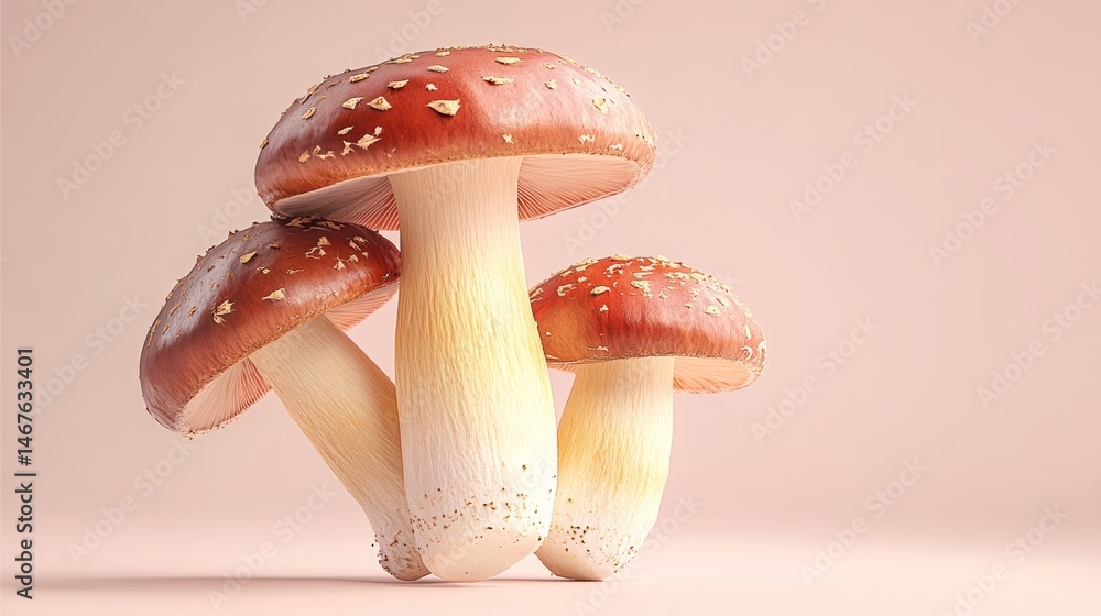 Poster three mushrooms are standing next to each other on a pink background. the mushrooms are of different