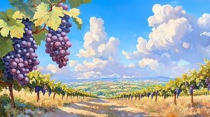 Sun Drenched Vineyard Landscape with Ripe Grapes and Blue Sky Idyllic Rural Scene