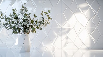 Eucalyptus bouquet in geometric vase against a modern textured white tile wall