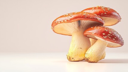 Three red mushrooms are standing on a white background. The mushrooms are large and have a spiky appearance. Concept of natural beauty and the freshness of the mushrooms