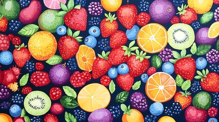 Vibrant Colorful Fruit Pattern Strawberries Oranges Kiwis Berries Background Design