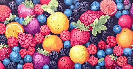 Vibrant Summer Fruit Background Strawberries Raspberries Blackberries Blueberries Citrus