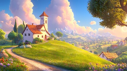 Idyllic Village Scene Picturesque Church Rolling Hills and Mountain Vista at Sunset