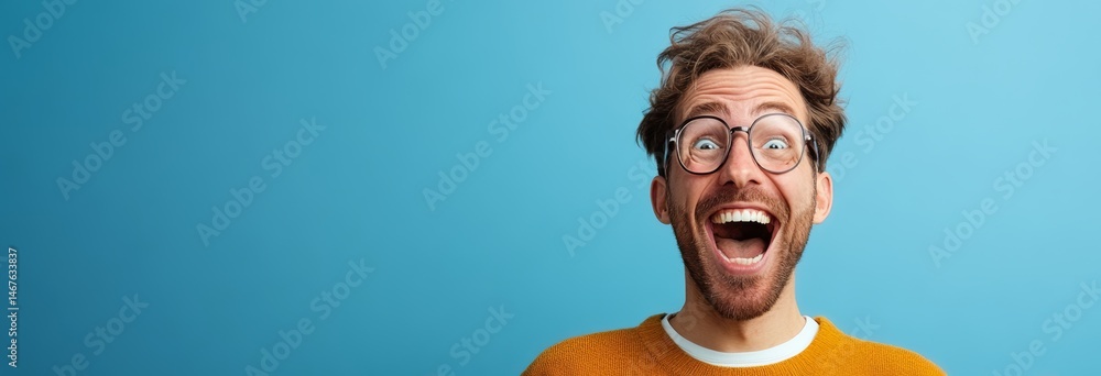 Poster man with glasses is smiling and looking at the camera. the image has a happy and positive mood
