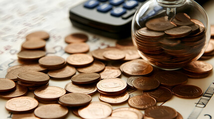 Copper Coins Scattered on Financial Documents with Calculator and Glass Jar