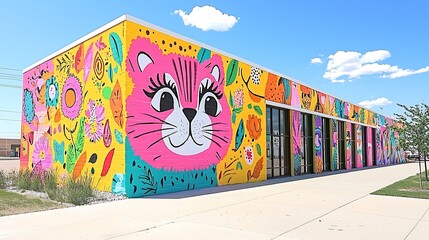 Vibrant Colorful Cat Mural on Building Exterior Urban Street Art Floral Design